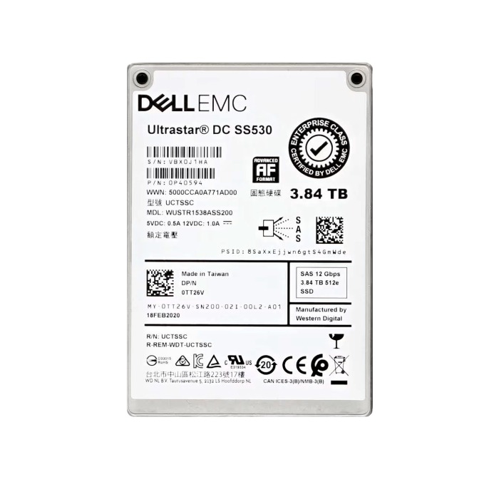 Disque dur Dell 3.84TB SSD SAS 12G 2.5" TLC RI Instant Secure Erase 512e TT26V