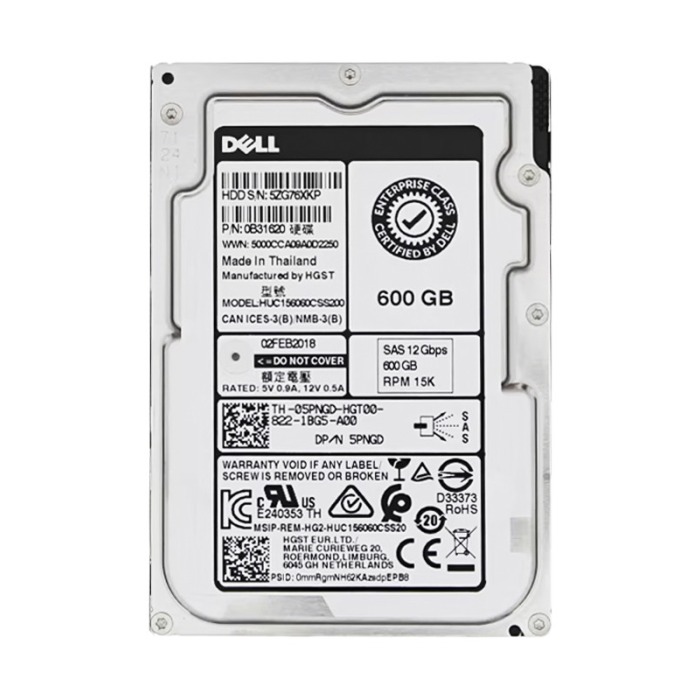 Disque dur Dell 600GB 15K HDD SAS 12G 2.5" Instant Secure Erase 512n 128MB 5PNGD