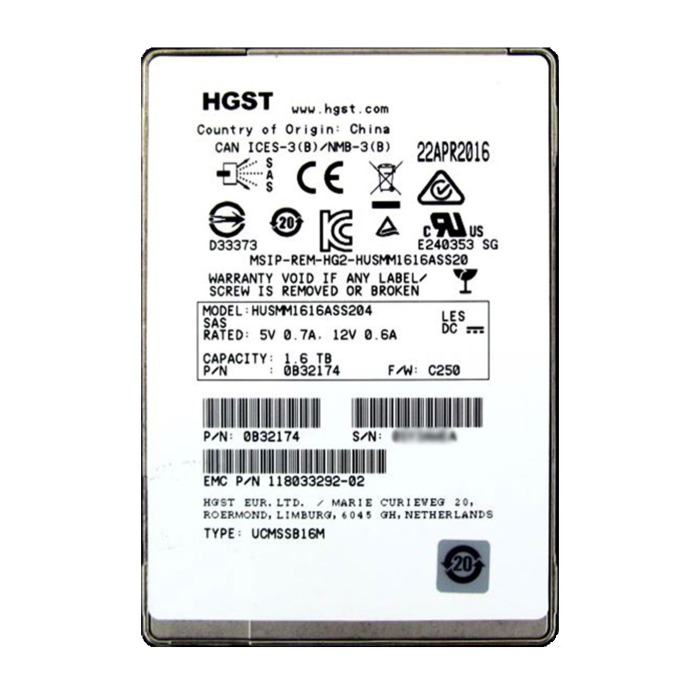 Disque dur EMC 1.6TB SSD SAS 12G 2.5" MLC 118033292-01